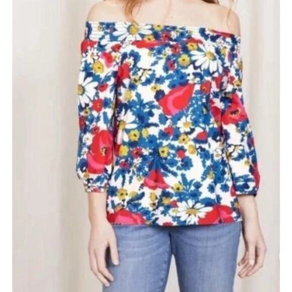 Boden Floral Cotton Edie Blouse Off the Shoulder Retro Sz 8 Artsy Whimsical - Picture 1 of 9